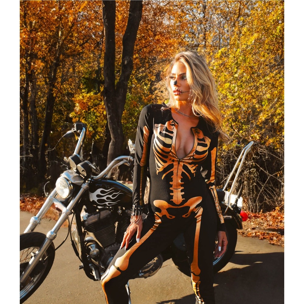 Women Gold Skeleton Bodysuit Halloween Costume Black Metallic Catsuit Jumpsuit‎